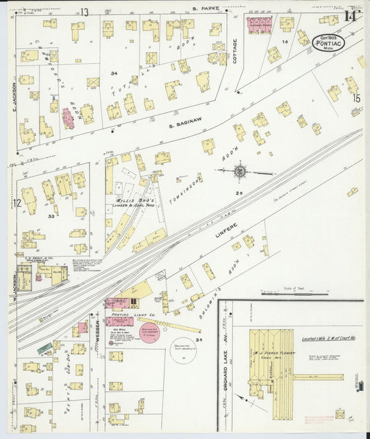 Sanborn Fire Insurance Map from Pontiac, Oakland County, Michigan (1909), Sheet #0014 - Historic Sanborn Fire Insurance Map Print, vintage old map wall art, antique decor, genealogy gift, Michigan Michigan map