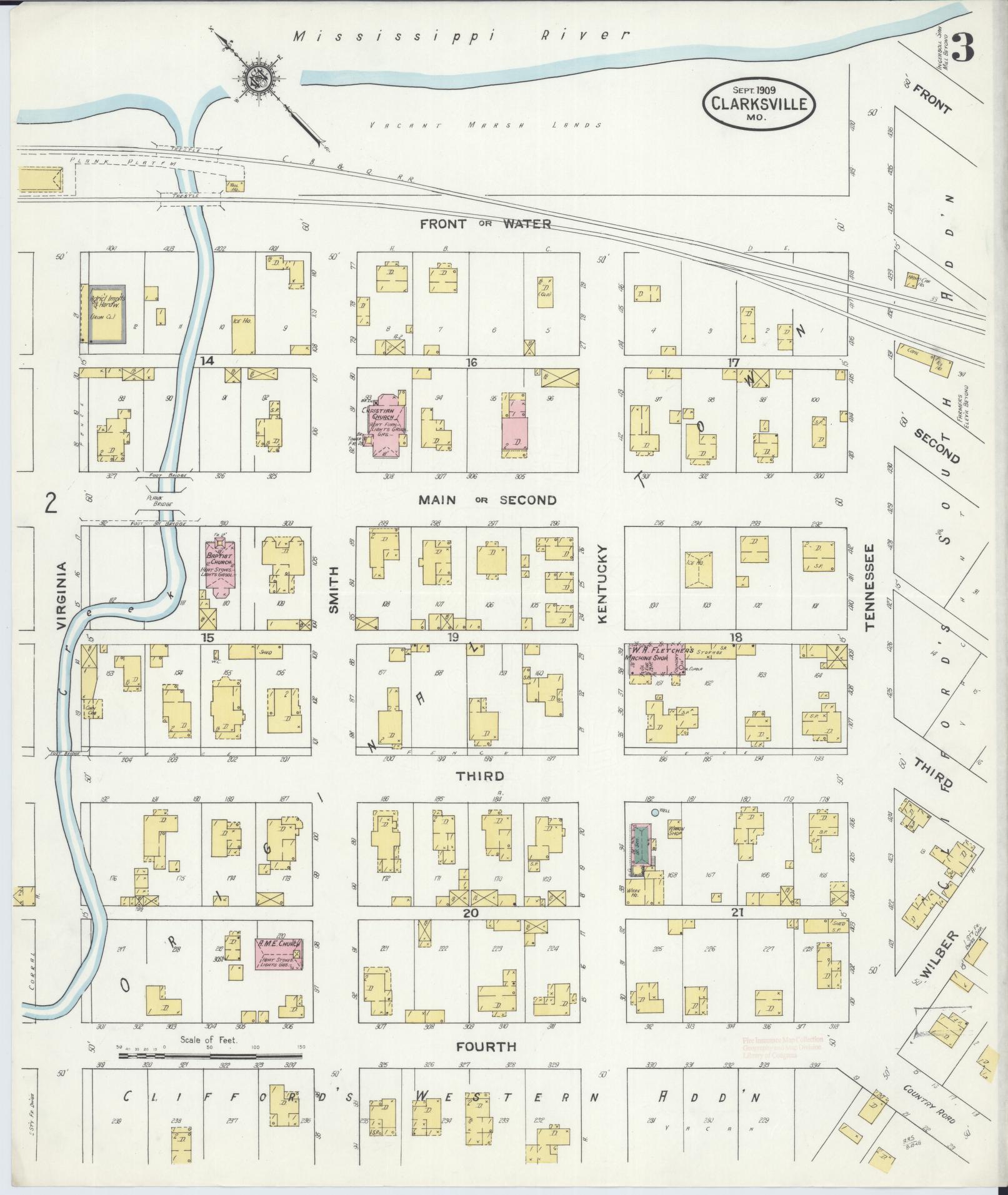 Sanborn Fire Insurance Map from Clarksville, Pike County, Missouri (1909), Sheet #0003 - Historic Sanborn Fire Insurance Map Print, vintage old map wall art, antique decor, genealogy gift, Missouri Missouri map