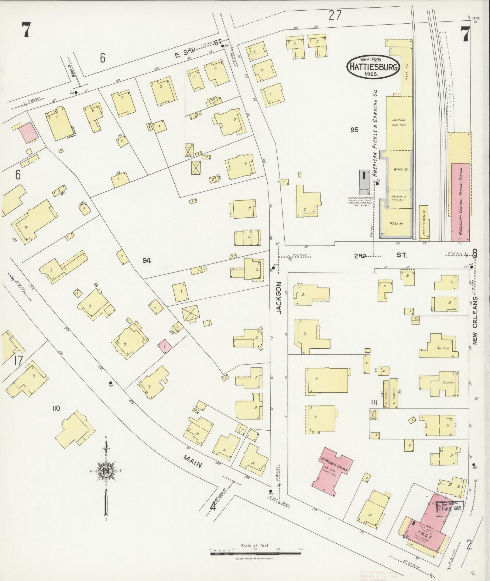 Sanborn Fire Insurance Map from Hattiesburg, Forrest County, Mississippi (1925), Sheet #0007 - Complete Map Set gallery image, historic Sanborn map, vintage wall art, Mississippi Mississippi