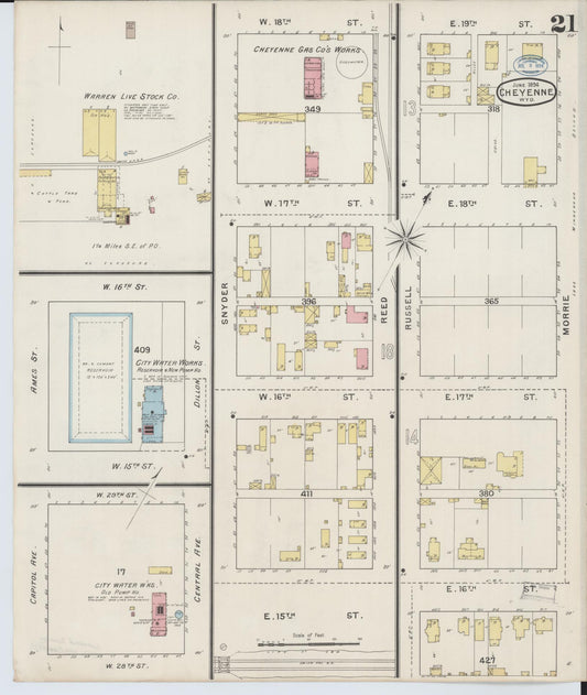 Sanborn Fire Insurance Map from Cheyenne, Laramie County, Wyoming (1894), Sheet #0021 - Historic Sanborn Fire Insurance Map Print, vintage old map wall art, antique decor, genealogy gift, Wyoming Wyoming map