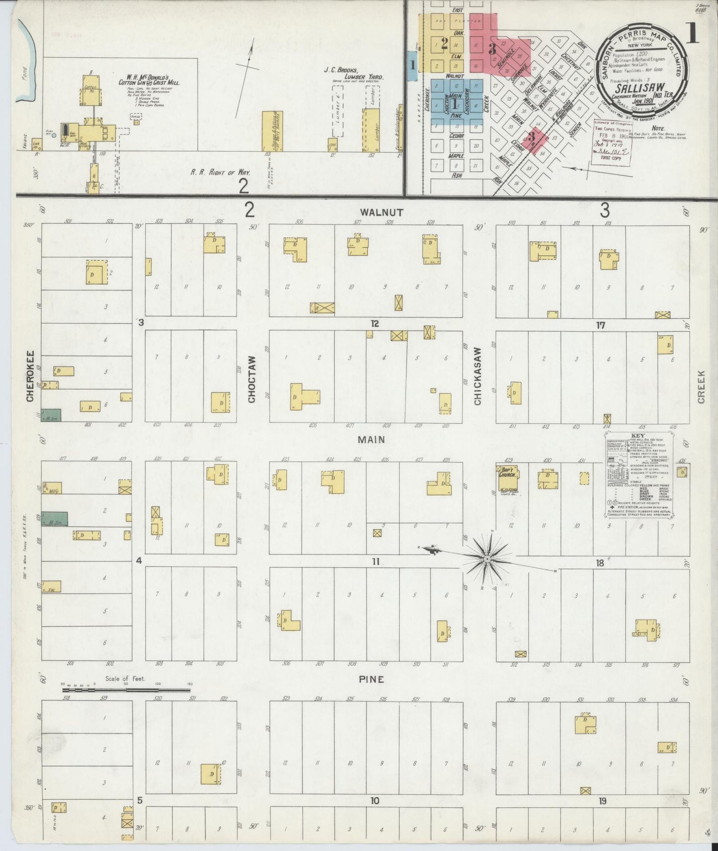 Sanborn Fire Insurance Map from Sallisaw, Sequoyah County, Oklahoma (1901), Sheet #0001 - Complete Map Set gallery image, historic Sanborn map, vintage wall art, Oklahoma Oklahoma