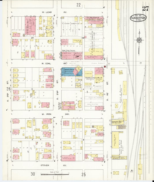 Sanborn Fire Insurance Map from Albuquerque, Bernalillo County, New Mexico (1913), Sheet #0027 - Historic Sanborn Fire Insurance Map Print, vintage old map wall art, antique decor, genealogy gift, New Mexico New Mexico map