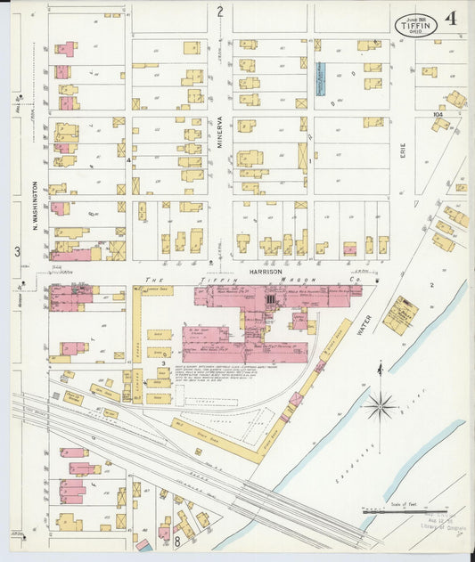 Sanborn Fire Insurance Map from Tiffin, Seneca County, Ohio (1908), Sheet #0004 - Historic Sanborn Fire Insurance Map Print, vintage old map wall art, antique decor, genealogy gift, Ohio Ohio map