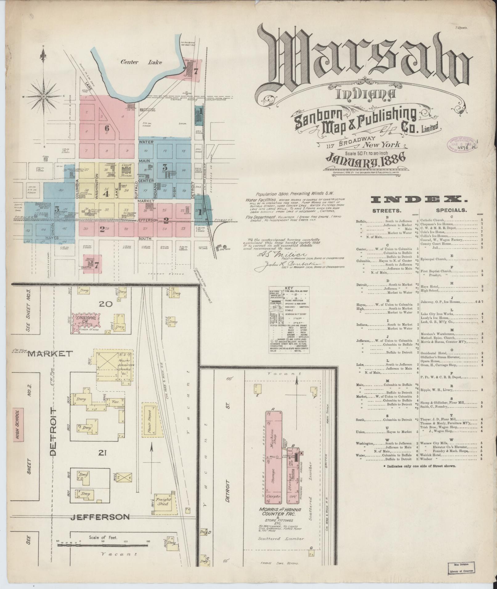 Sanborn Fire Insurance Map from Warsaw, Kosciusko County, Indiana (1886), Sheet #0001 - Historic Sanborn Fire Insurance Map Print, vintage old map wall art, antique decor, genealogy gift, Indiana Indiana map