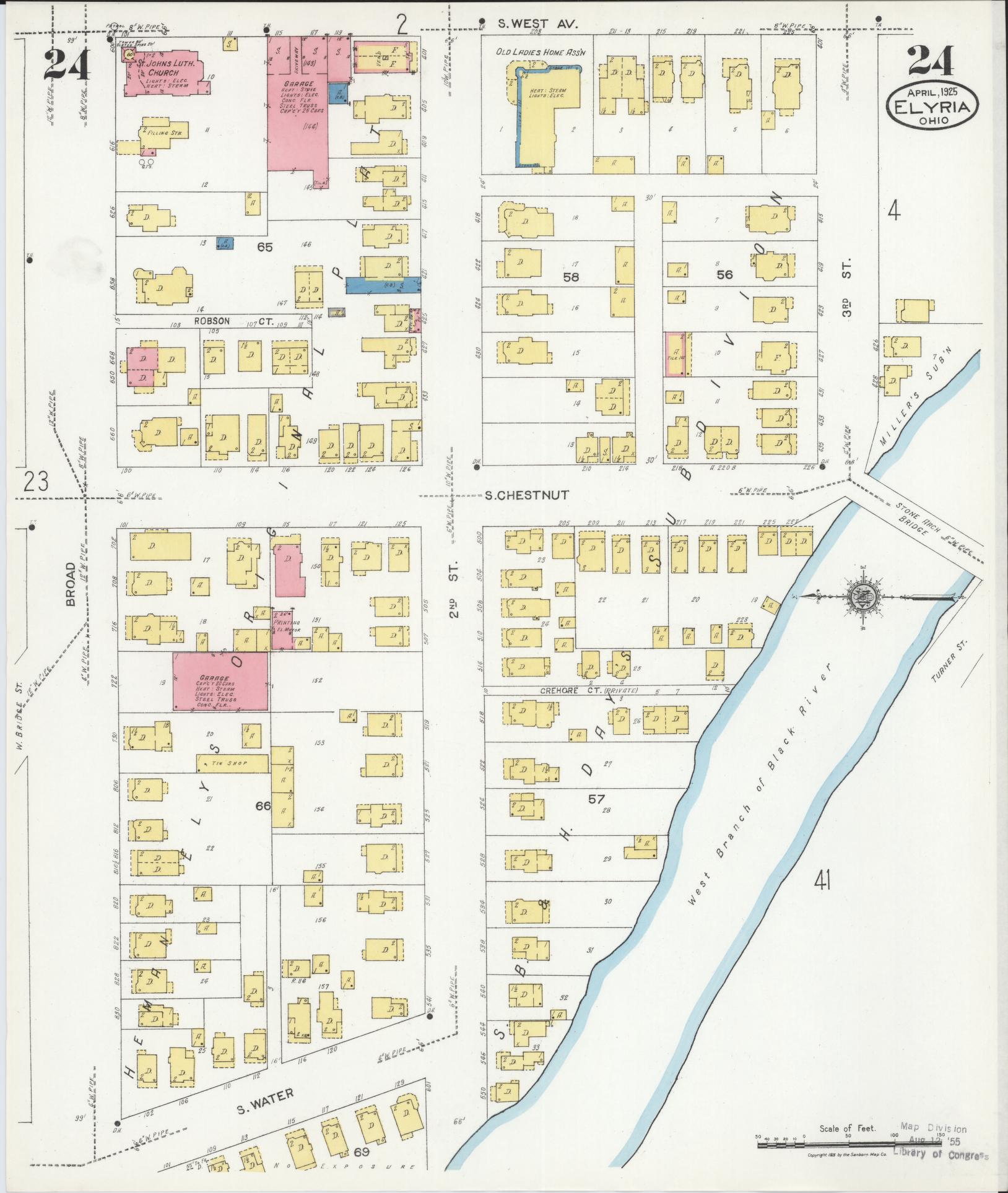 Sanborn Fire Insurance Map from Elyria, Lorain County, Ohio (1925), Sheet #0024 - Historic Sanborn Fire Insurance Map Print, vintage old map wall art, antique decor, genealogy gift, Ohio Ohio map