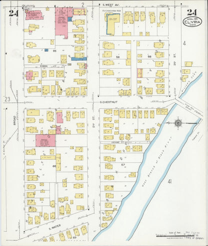 Sanborn Fire Insurance Map from Elyria, Lorain County, Ohio (1925), Sheet #0024 - Historic Sanborn Fire Insurance Map Print, vintage old map wall art, antique decor, genealogy gift, Ohio Ohio map