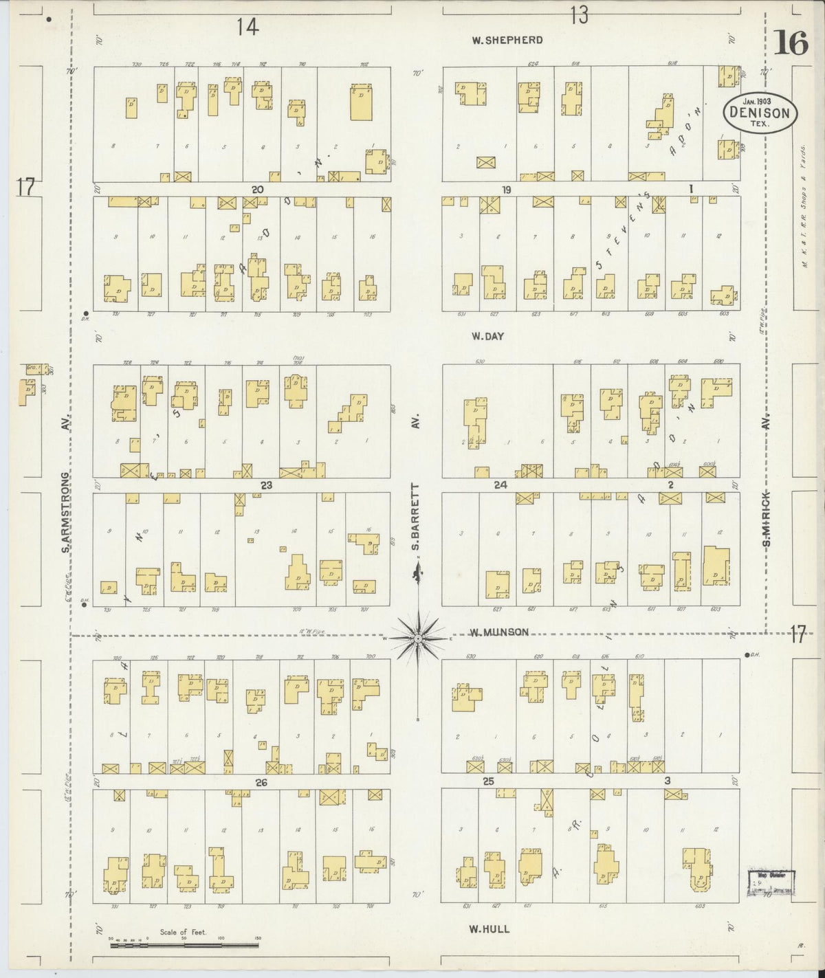 Sanborn Fire Insurance Map from Denison, Grayson County, Texas (1903), Sheet #0016 - Historic Sanborn Fire Insurance Map Print, vintage old map wall art, antique decor, genealogy gift, Texas Texas map