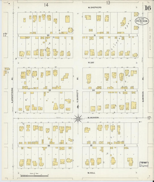 Sanborn Fire Insurance Map from Denison, Grayson County, Texas (1903), Sheet #0016 - Historic Sanborn Fire Insurance Map Print, vintage old map wall art, antique decor, genealogy gift, Texas Texas map