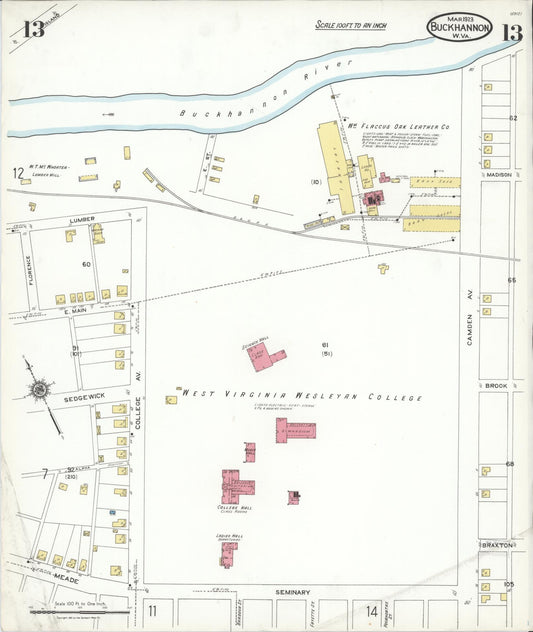 Sanborn Fire Insurance Map from Buckhannon, Upshur County, West Virginia (1923), Sheet #0013 - Historic Sanborn Fire Insurance Map Print, vintage old map wall art, antique decor, genealogy gift, West Virginia West Virginia map