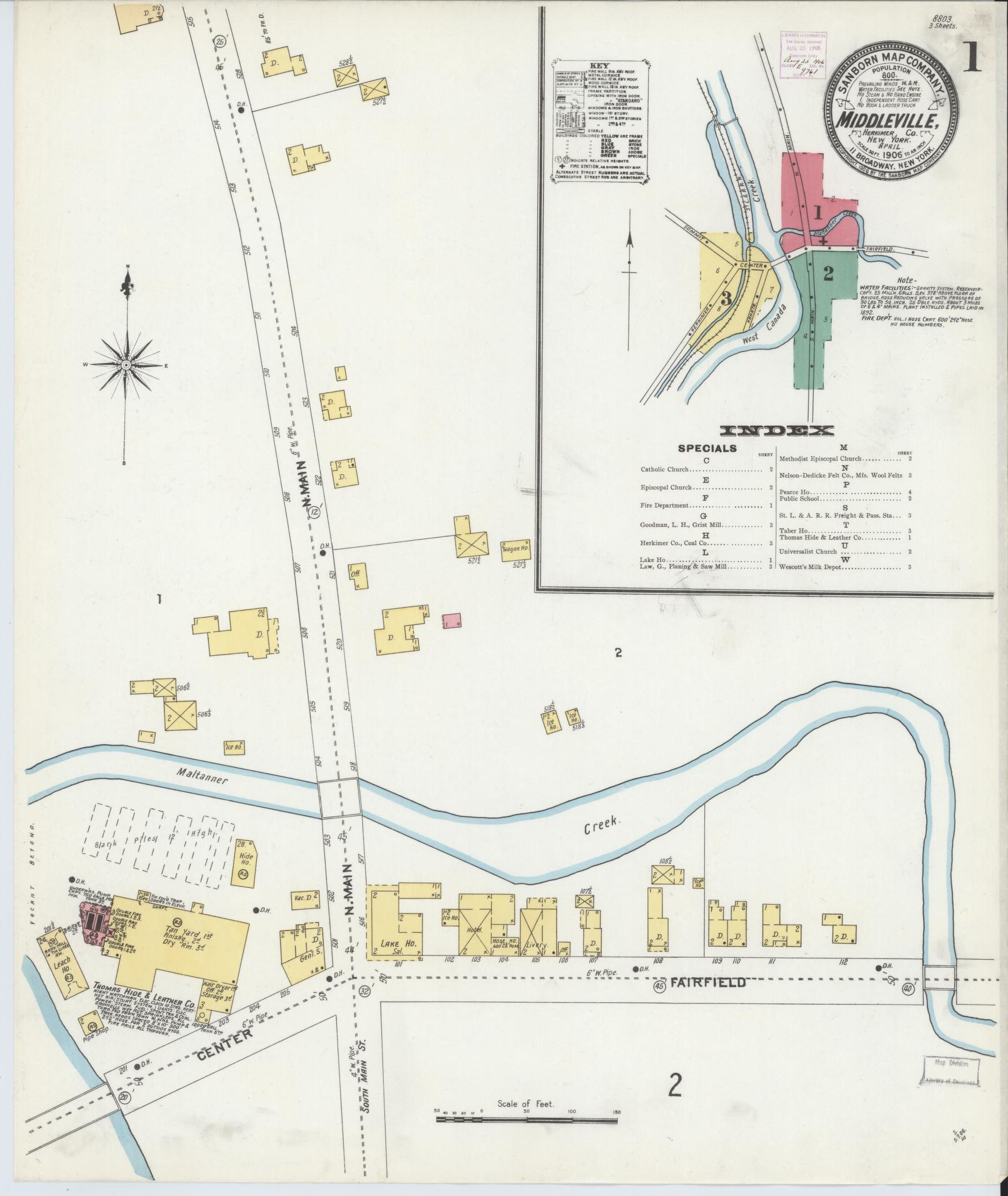Sanborn Fire Insurance Map from Middleville, Herkimer County, New York (1906), Sheet #0001 - Complete Map Set gallery image, historic Sanborn map, vintage wall art, New York New York
