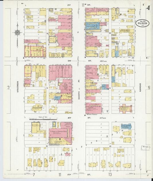 Sanborn Fire Insurance Map from Huron, Beadle County, South Dakota (1910), Sheet #0004 - Historic Sanborn Fire Insurance Map Print, vintage old map wall art, antique decor, genealogy gift, South Dakota South Dakota map