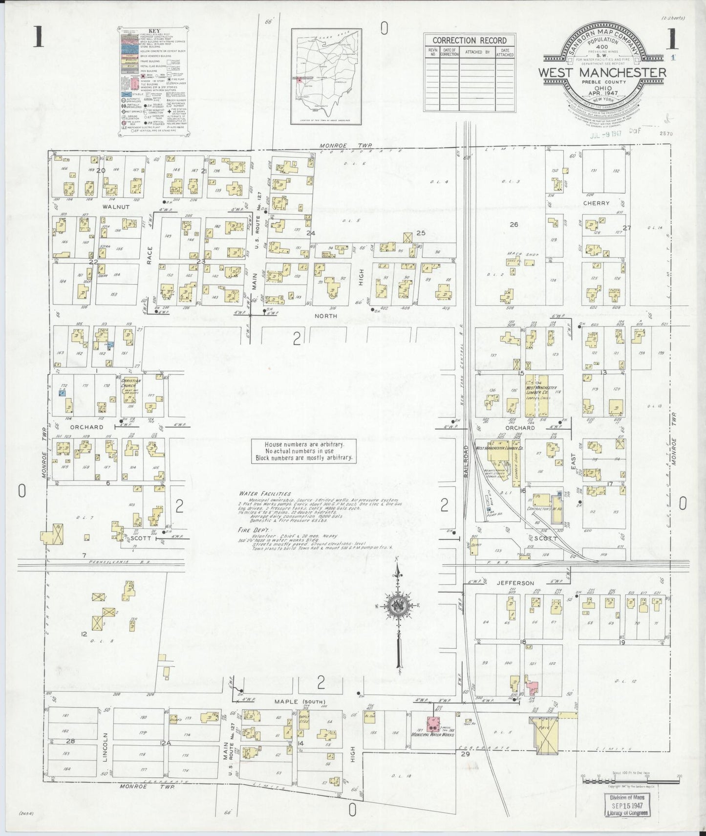 Sanborn Fire Insurance Map from West Manchester, Preble County, Ohio. (1947), Sheet 1 – Historic Sanborn Fire Insurance Map Print