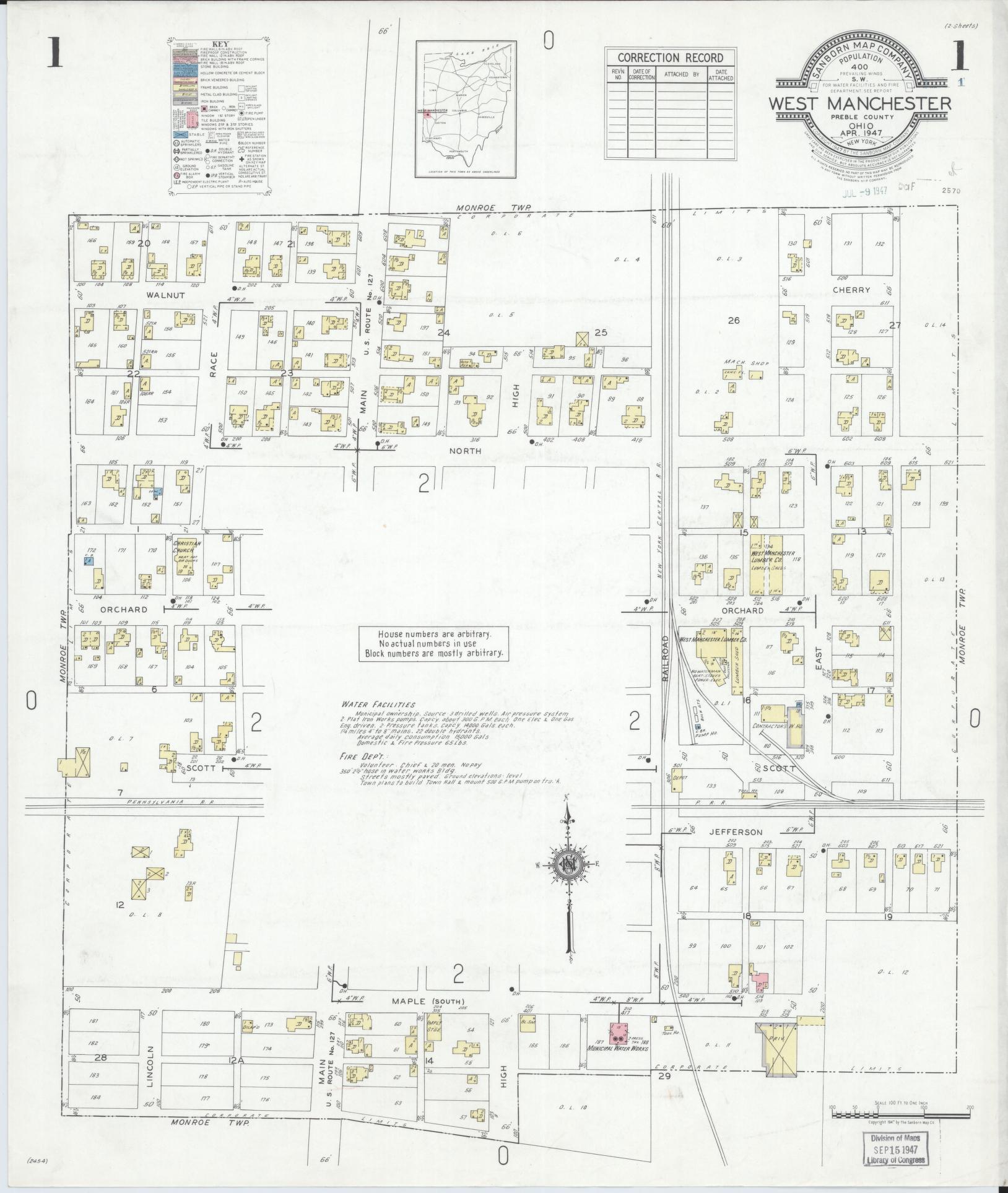 Sanborn Fire Insurance Map from West Manchester, Preble County, Ohio. (1947), Sheet 1 – Historic Sanborn Fire Insurance Map Print