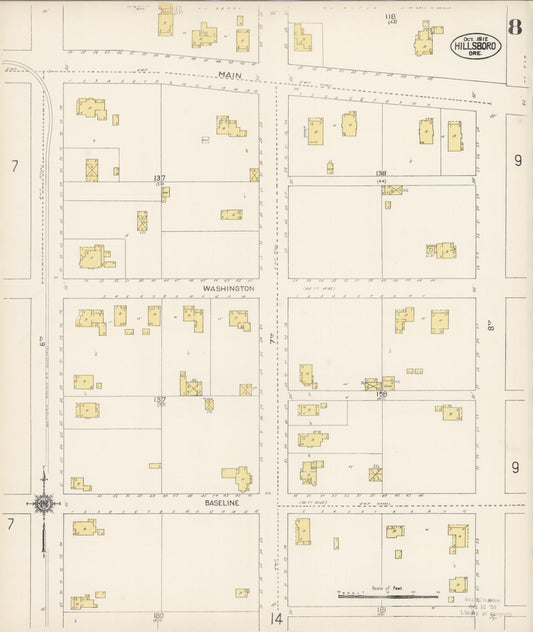 Sanborn Fire Insurance Map from Hillsboro, Washington County, Oregon (1912), Sheet #0008 - Historic Sanborn Fire Insurance Map Print, vintage old map wall art, antique decor, genealogy gift, Oregon Oregon map