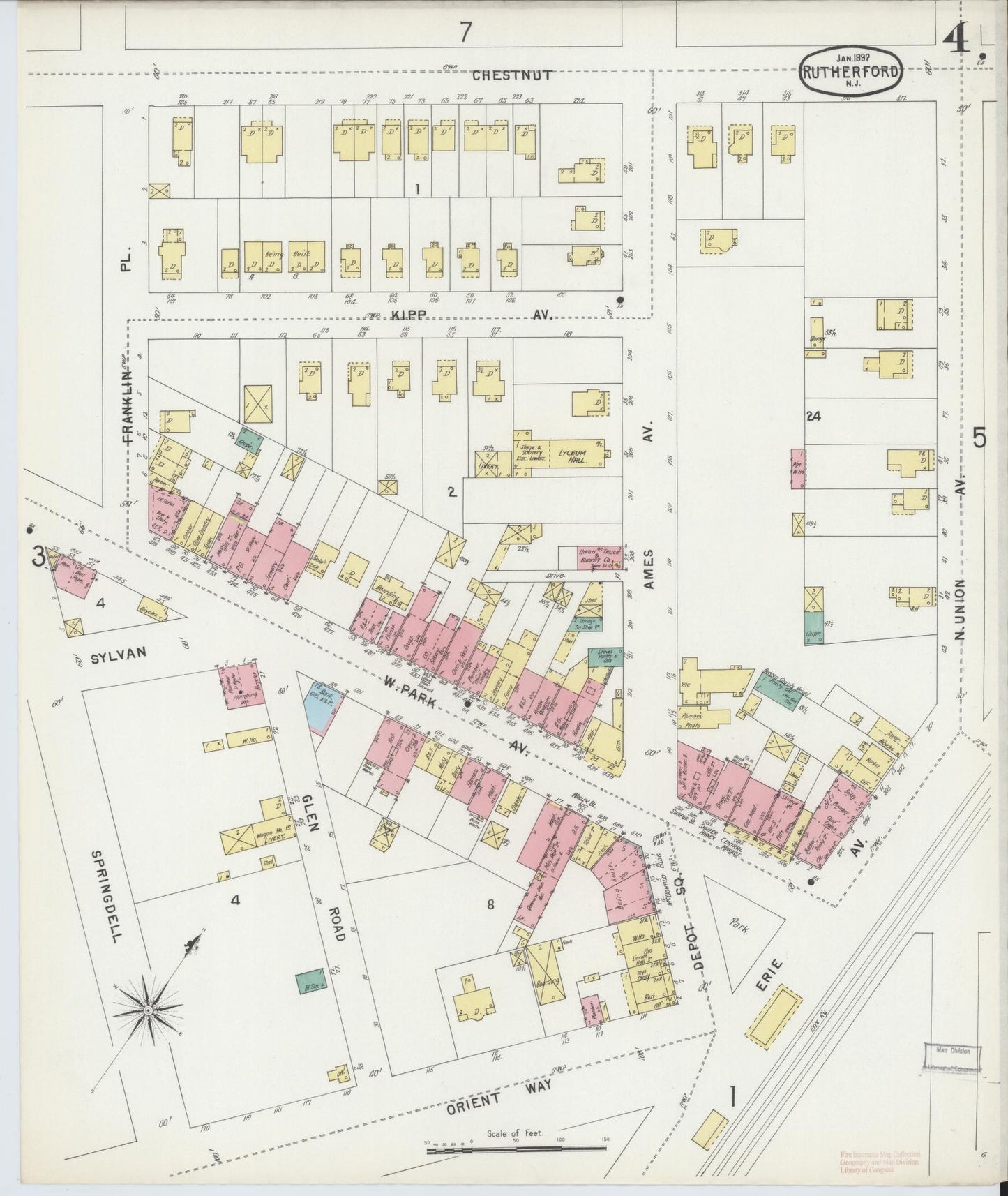 Sanborn Fire Insurance Map from Rutherford, Bergen County, New Jersey (1897), Sheet #0004 - Complete Map Set gallery image, historic Sanborn map, vintage wall art, New Jersey New Jersey