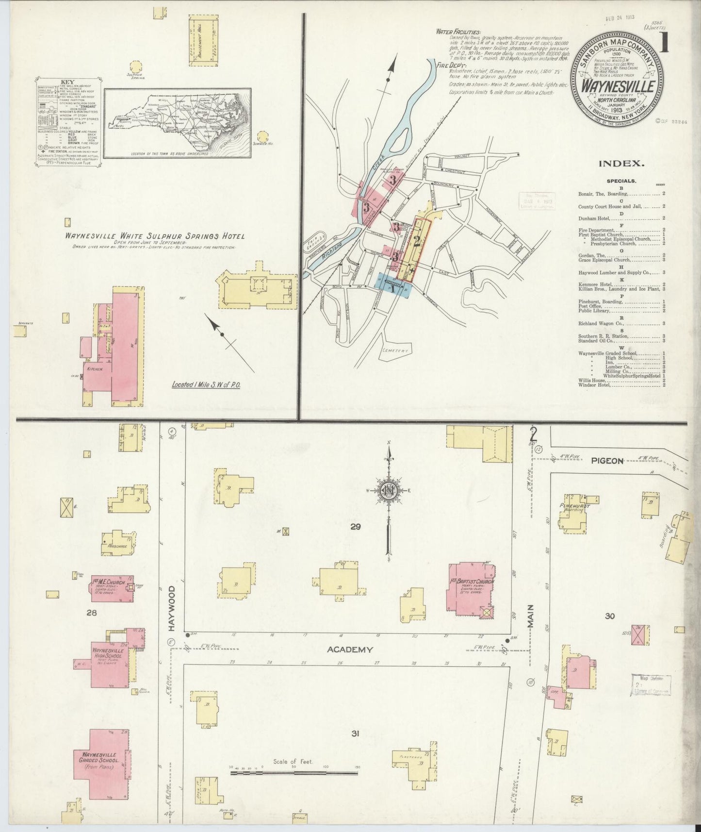 Sanborn Fire Insurance Map from Waynesville, Haywood County, North Carolina (1913), Sheet #0001 - Historic Sanborn Fire Insurance Map Print, vintage old map wall art, antique decor, genealogy gift, North Carolina North Carolina map