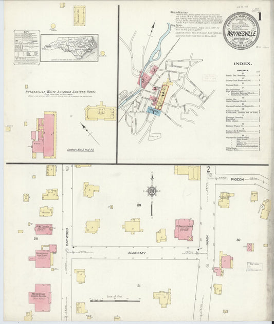 Sanborn Fire Insurance Map from Waynesville, Haywood County, North Carolina (1913), Sheet #0001 - Historic Sanborn Fire Insurance Map Print, vintage old map wall art, antique decor, genealogy gift, North Carolina North Carolina map