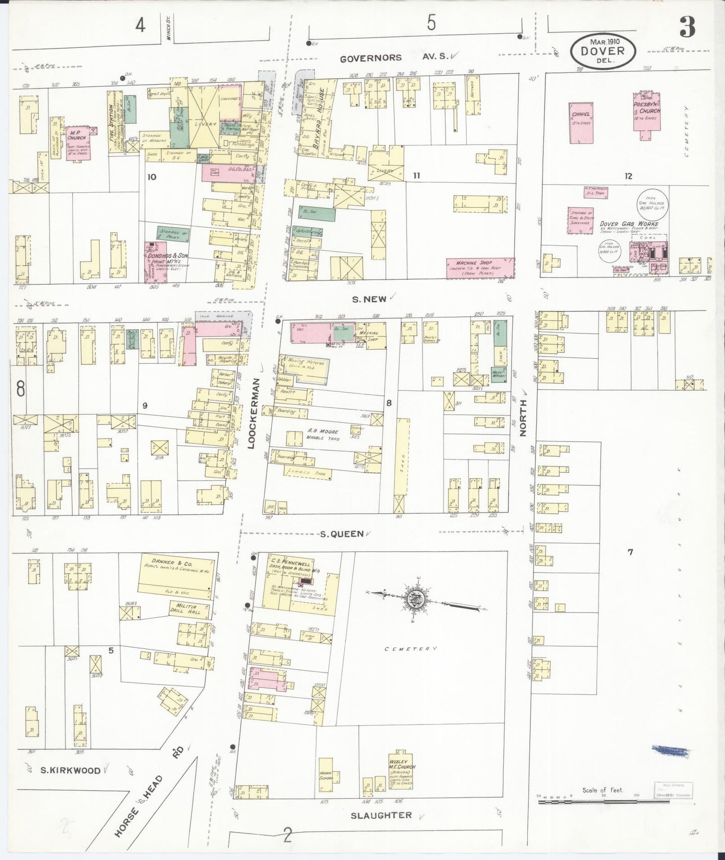 Sanborn Fire Insurance Map from Dover, Kent County, Delaware (1910), Sheet #0003 - Complete Map Set gallery image, historic Sanborn map, vintage wall art, Delaware Delaware
