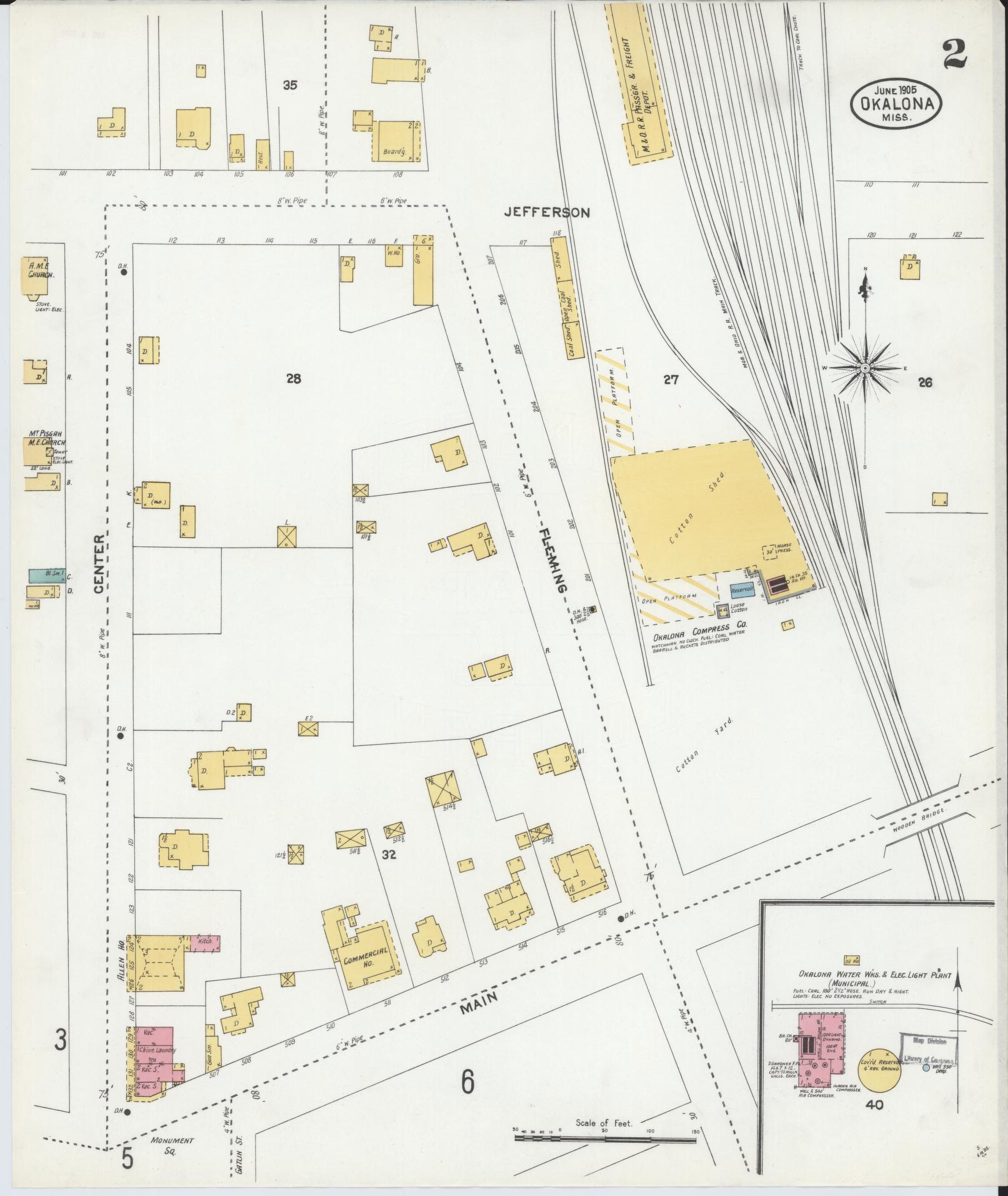Sanborn Fire Insurance Map from Okolona, Chickasaw County, Mississippi (1905), Sheet #0002 - Historic Sanborn Fire Insurance Map Print, vintage old map wall art, antique decor, genealogy gift, Mississippi Mississippi map
