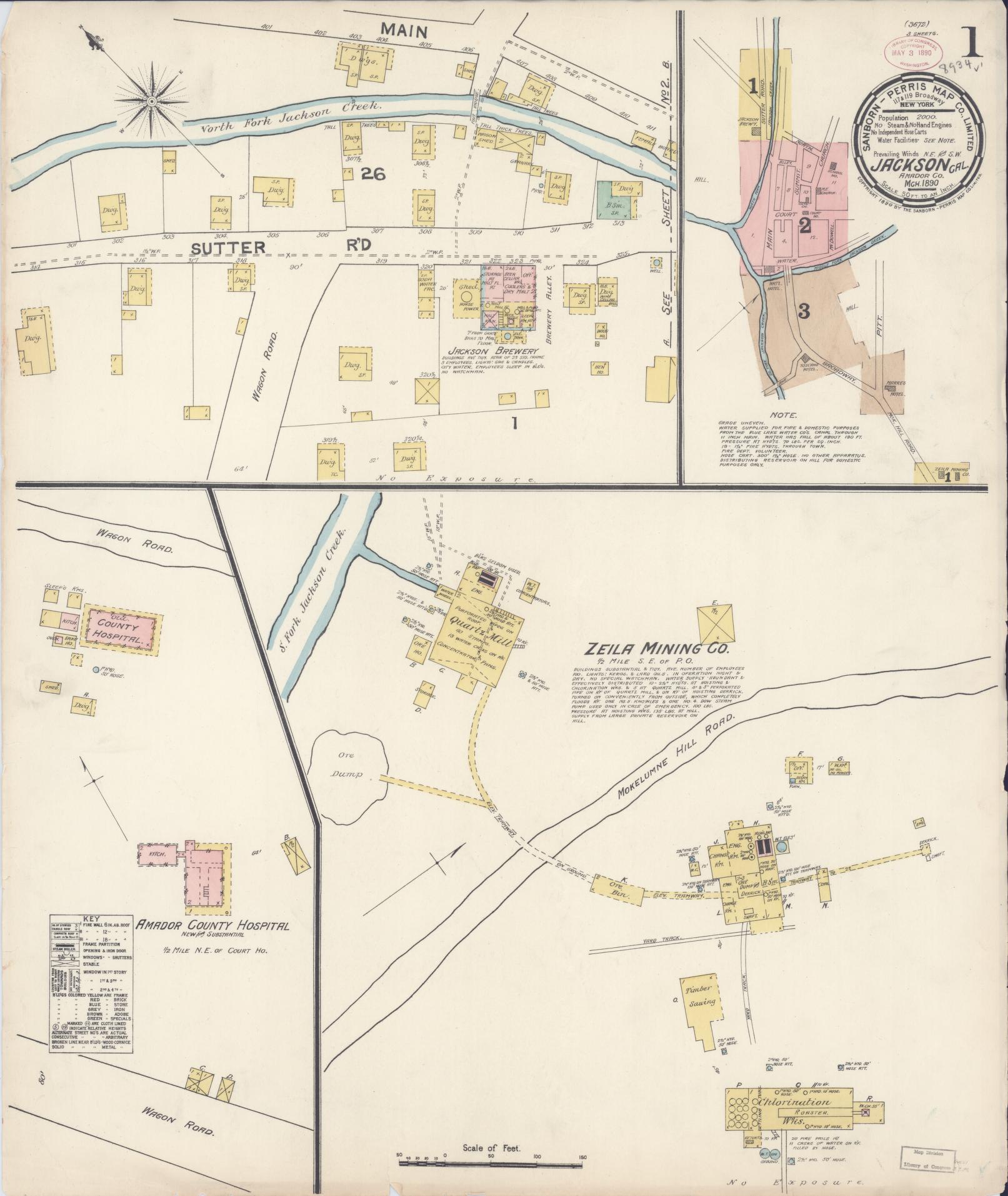 Sanborn Fire Insurance Map from Jackson, Amador County, California (1890), Sheet #0001 - Historic Sanborn Fire Insurance Map Print, vintage old map wall art, antique decor, genealogy gift, California California map