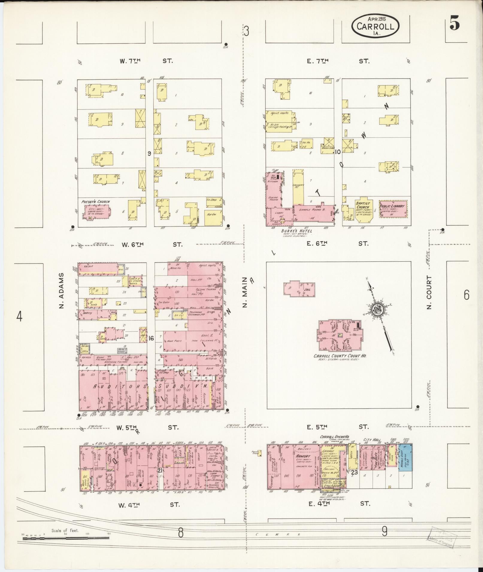 Sanborn Fire Insurance Map from Carroll, Carroll County, Iowa (1915), Sheet #0005 - Historic Sanborn Fire Insurance Map Print, vintage old map wall art