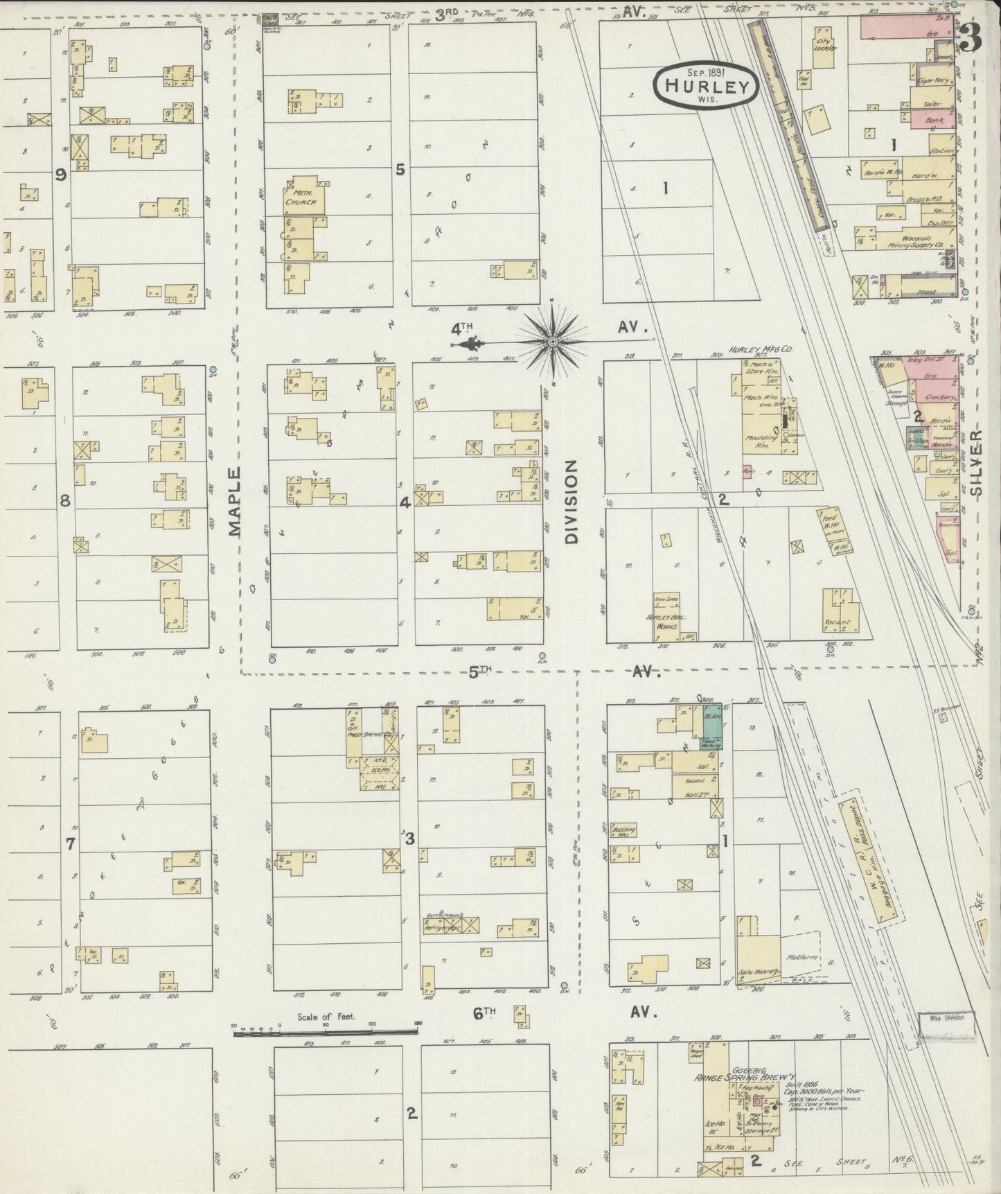 Sanborn Fire Insurance Map from Hurley, Iron County, Wisconsin (1891), Sheet #0003 - Complete Map Set gallery image, historic Sanborn map, vintage wall art, Wisconsin Wisconsin