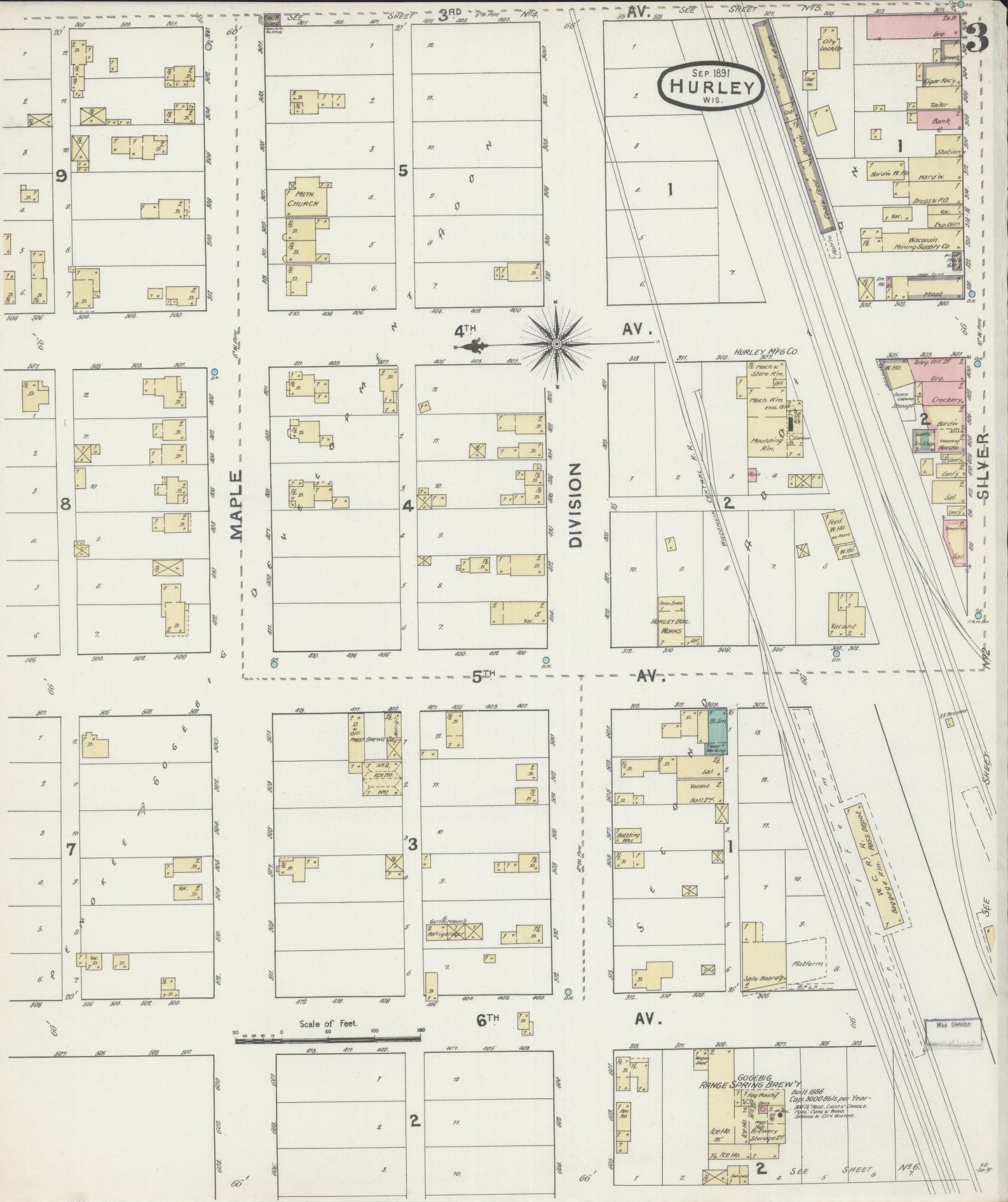 Sanborn Fire Insurance Map from Hurley, Iron County, Wisconsin (1891), Sheet #0003 - Complete Map Set gallery image, historic Sanborn map, vintage wall art, Wisconsin Wisconsin