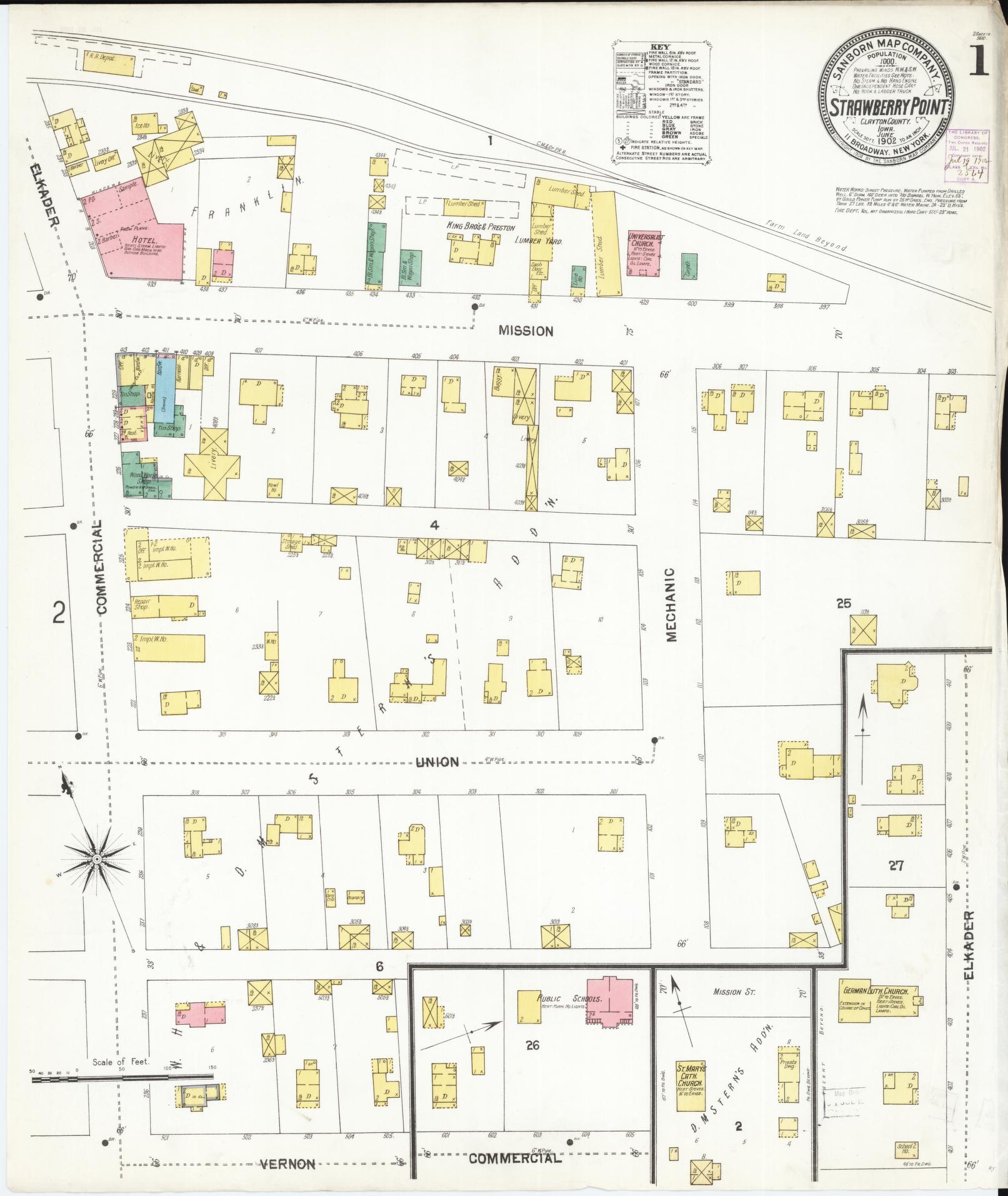 Sanborn Fire Insurance Map from Strawberry Point, Clayton County, Iowa (1902), Sheet #0001 - Historic Sanborn Fire Insurance Map Print, vintage old map wall art