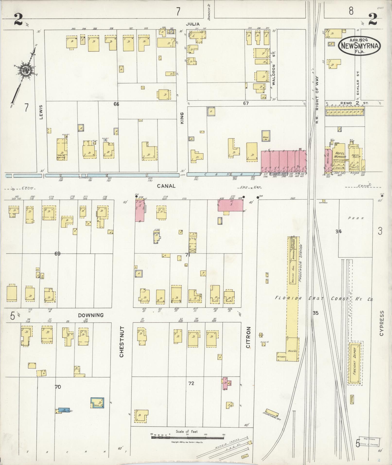 Sanborn Fire Insurance Map from New Smyrna, Valusia County, Florida (1924), Sheet #0002 - Complete Map Set gallery image, historic Sanborn map, vintage wall art, Florida Florida