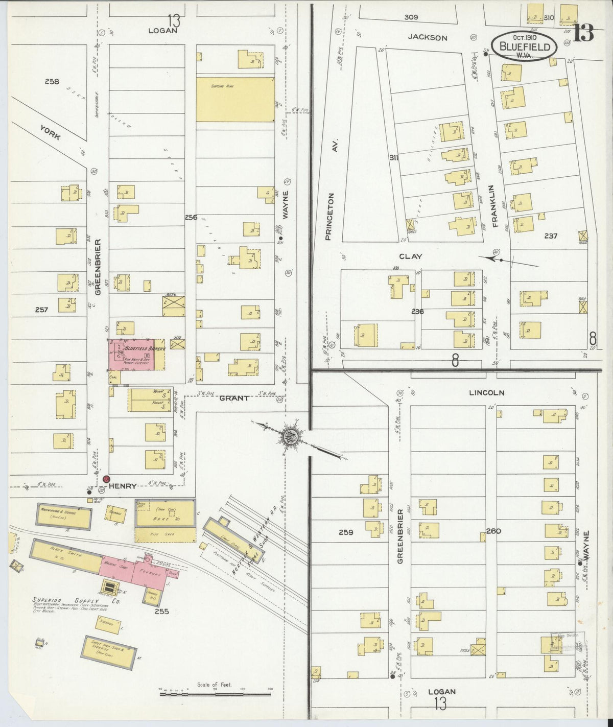 Sanborn Fire Insurance Map from Bluefield, Mercer County, West Virginia (1910), Sheet #0013 - Historic Sanborn Fire Insurance Map Print, vintage old map wall art, antique decor, genealogy gift, West Virginia West Virginia map