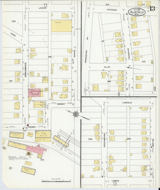 Sanborn Fire Insurance Map from Bluefield, Mercer County, West Virginia (1910), Sheet #0013 - Historic Sanborn Fire Insurance Map Print, vintage old map wall art, antique decor, genealogy gift, West Virginia West Virginia map