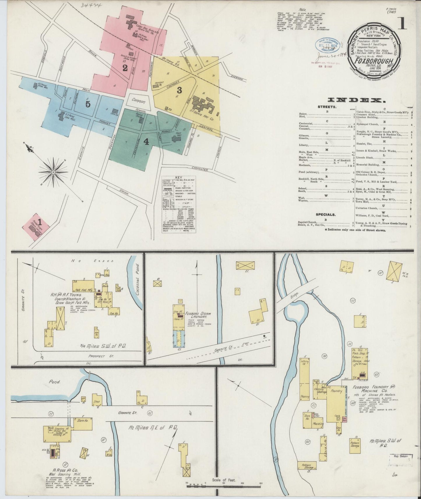 Sanborn Fire Insurance Map from Foxboro, Norfolk County, Massachusetts (1894), Sheet #0001 - Complete Map Set gallery image, historic Sanborn map, vintage wall art, Massachusetts Massachusetts