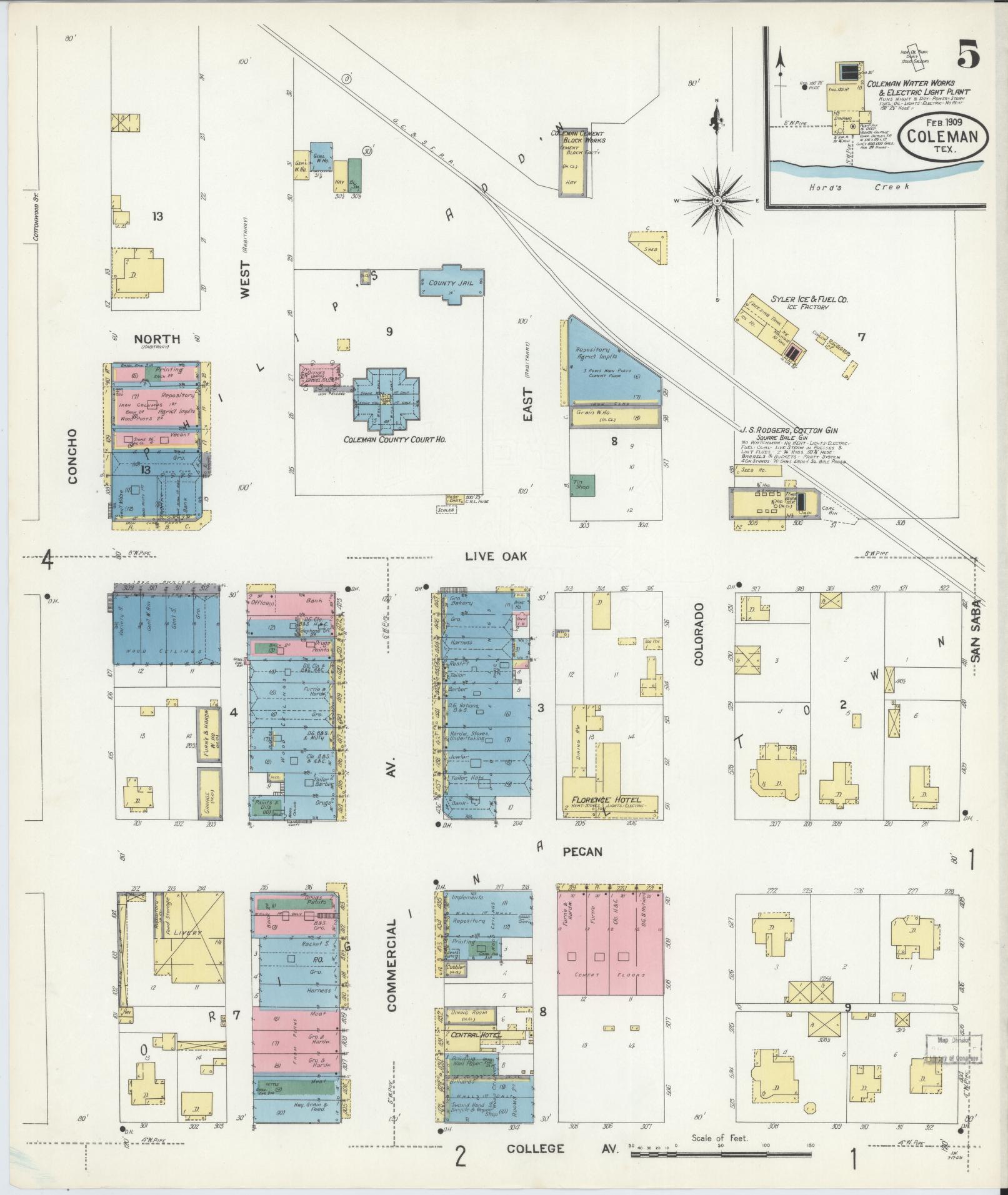 Sanborn Fire Insurance Map from Coleman, Coleman County, Texas (1909), Sheet #0005 - Historic Sanborn Fire Insurance Map Print, vintage old map wall art, antique decor, genealogy gift, Texas Texas map