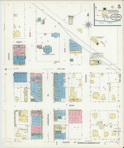Sanborn Fire Insurance Map from Coleman, Coleman County, Texas (1909), Sheet #0005 - Historic Sanborn Fire Insurance Map Print, vintage old map wall art, antique decor, genealogy gift, Texas Texas map
