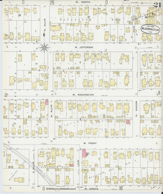 Sanborn Fire Insurance Map from Bloomington, McLean County, Illinois (1896), Sheet #0021 - Historic Sanborn Fire Insurance Map Print, vintage old map wall art, antique decor, genealogy gift, Illinois Illinois map