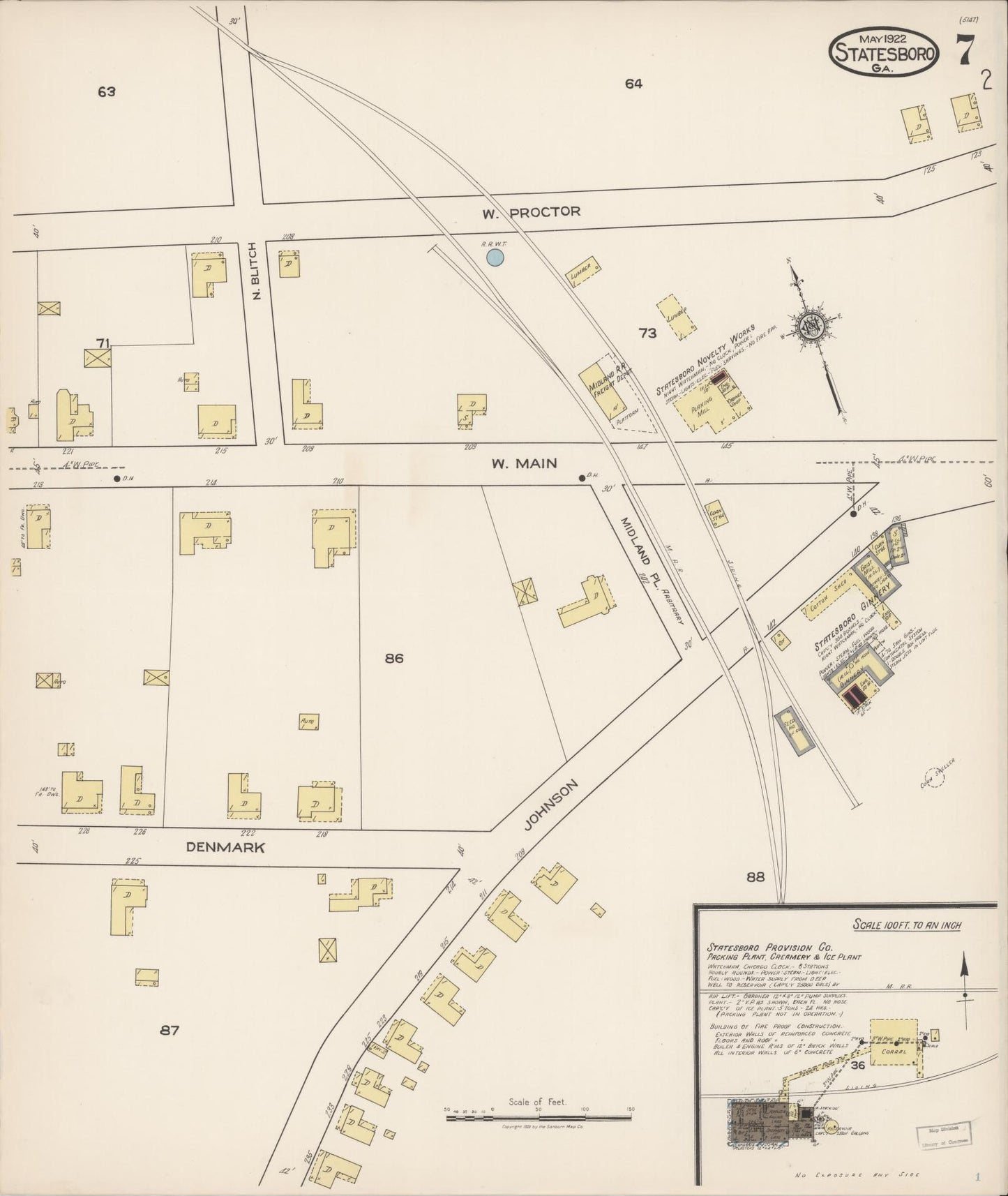 Sanborn Fire Insurance Map from Statesboro, Bulloch County, Georgia (1922), Sheet #0007 - Complete Map Set gallery image, historic Sanborn map, vintage wall art, Georgia Georgia