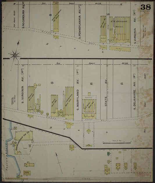 Sanborn Fire Insurance Map from Atlantic City, Atlantic County, New Jersey (1886), Sheet #0038 - Historic Sanborn Fire Insurance Map Print, vintage old map wall art, antique decor, genealogy gift, New Jersey New Jersey map
