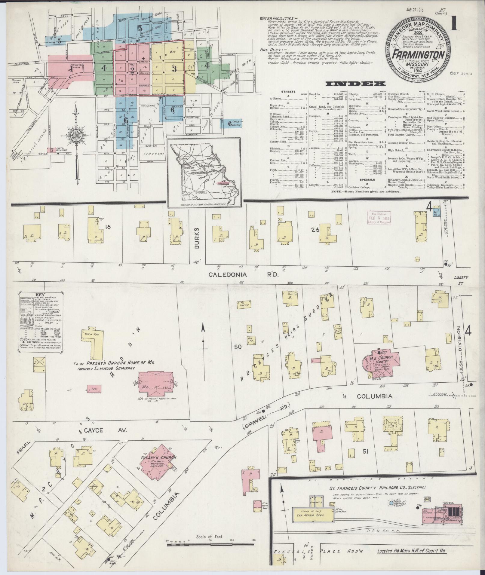 Sanborn Fire Insurance Map from Farmington, Saint Francois County, Missouri (1914), Sheet #0001 - Complete Map Set gallery image, historic Sanborn map, vintage wall art, Missouri Missouri
