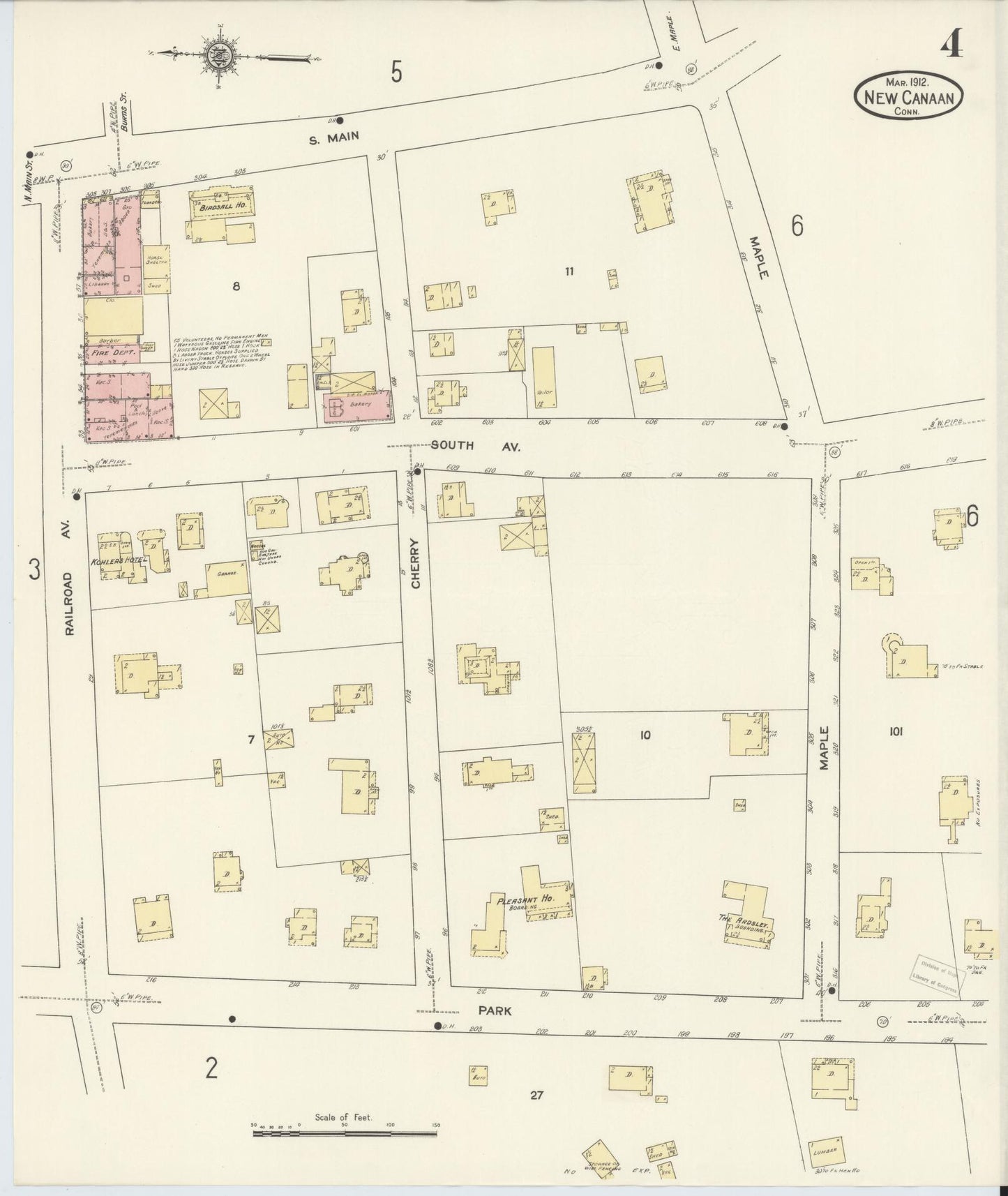 Sanborn Fire Insurance Map from New Canaan, Fairfield County, Connecticut (1912), Sheet #0004 - Complete Map Set gallery image, historic Sanborn map, vintage wall art, Connecticut Connecticut