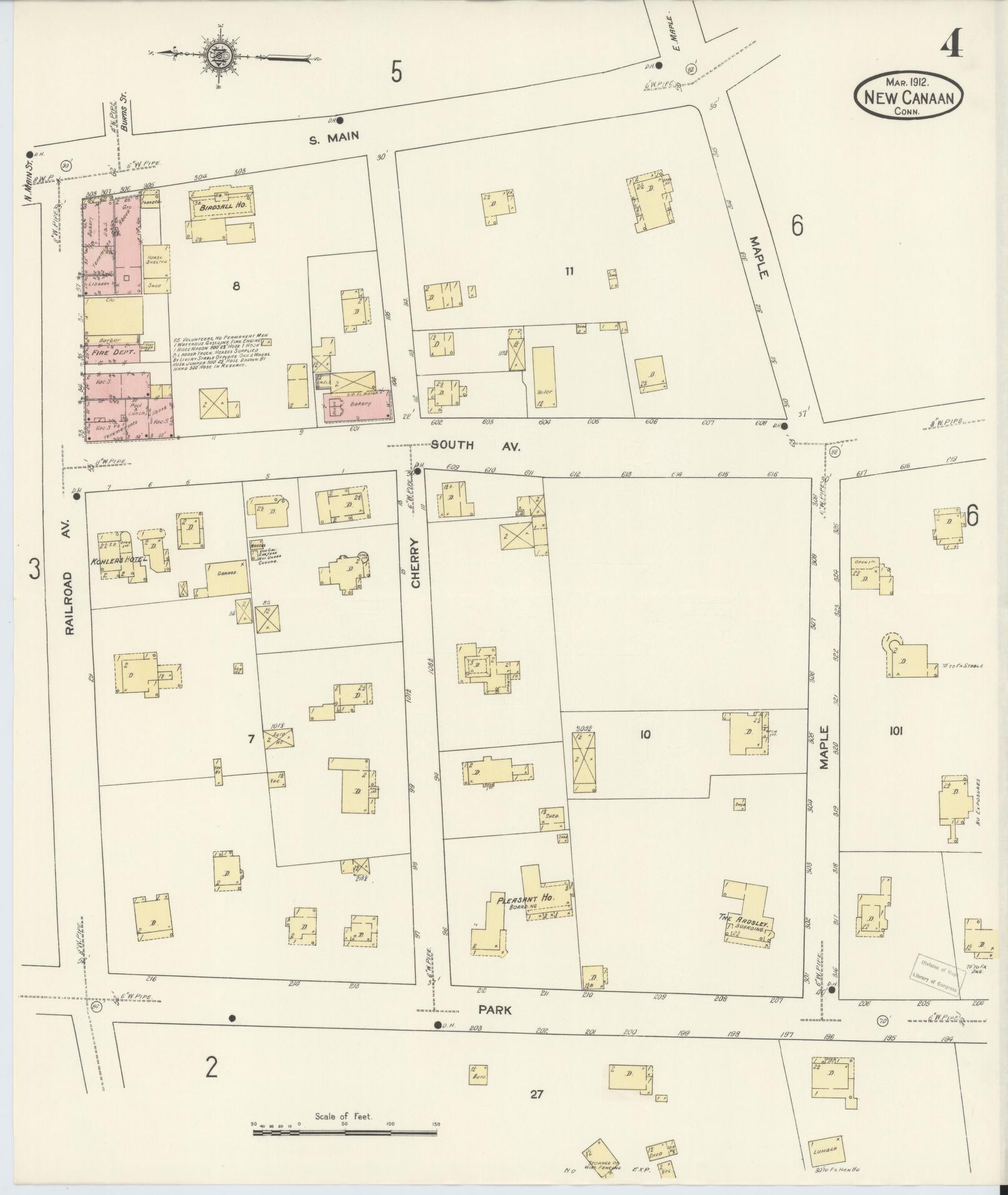 Sanborn Fire Insurance Map from New Canaan, Fairfield County, Connecticut (1912), Sheet #0004 - Complete Map Set gallery image, historic Sanborn map, vintage wall art, Connecticut Connecticut