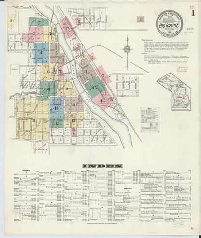 Sanborn Fire Insurance Map from Big Rapids, Mecosta County, Michigan (1914), Sheet #0001 - Historic Sanborn Fire Insurance Map Print, vintage old map wall art, antique decor, genealogy gift, Michigan Michigan map