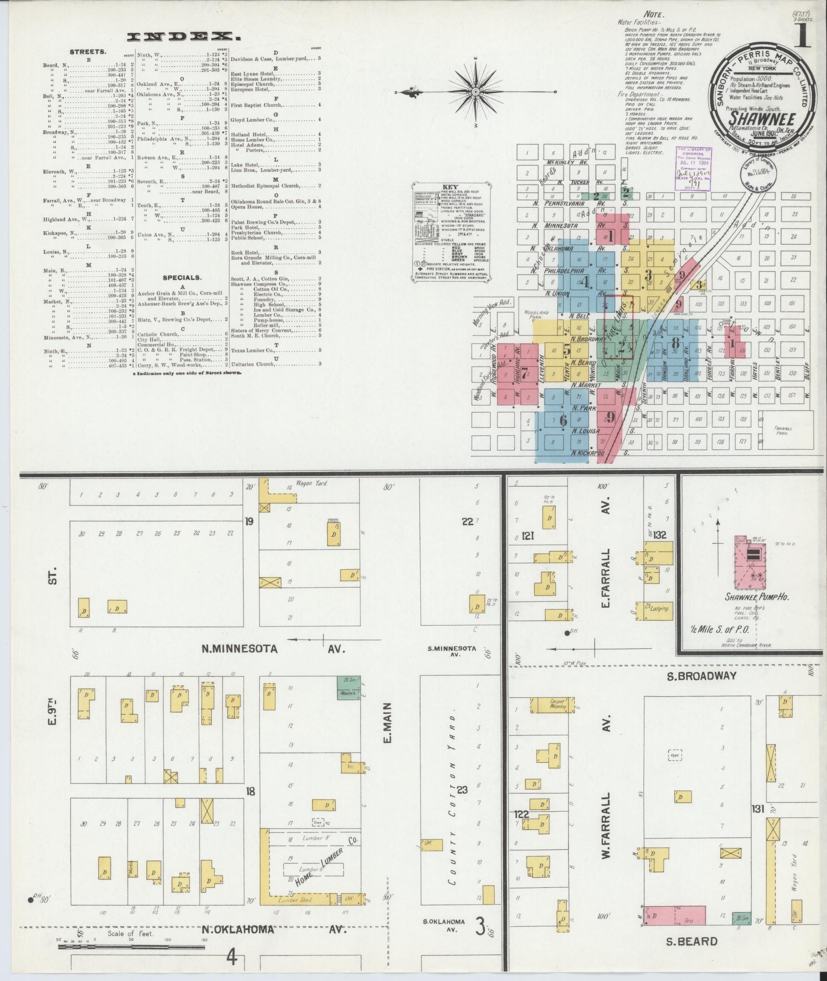 Sanborn Fire Insurance Map from Shawnee, Pottawatomie County, Oklahoma (1901), Sheet #0001 - Complete Map Set gallery image, historic Sanborn map, vintage wall art, Oklahoma Oklahoma