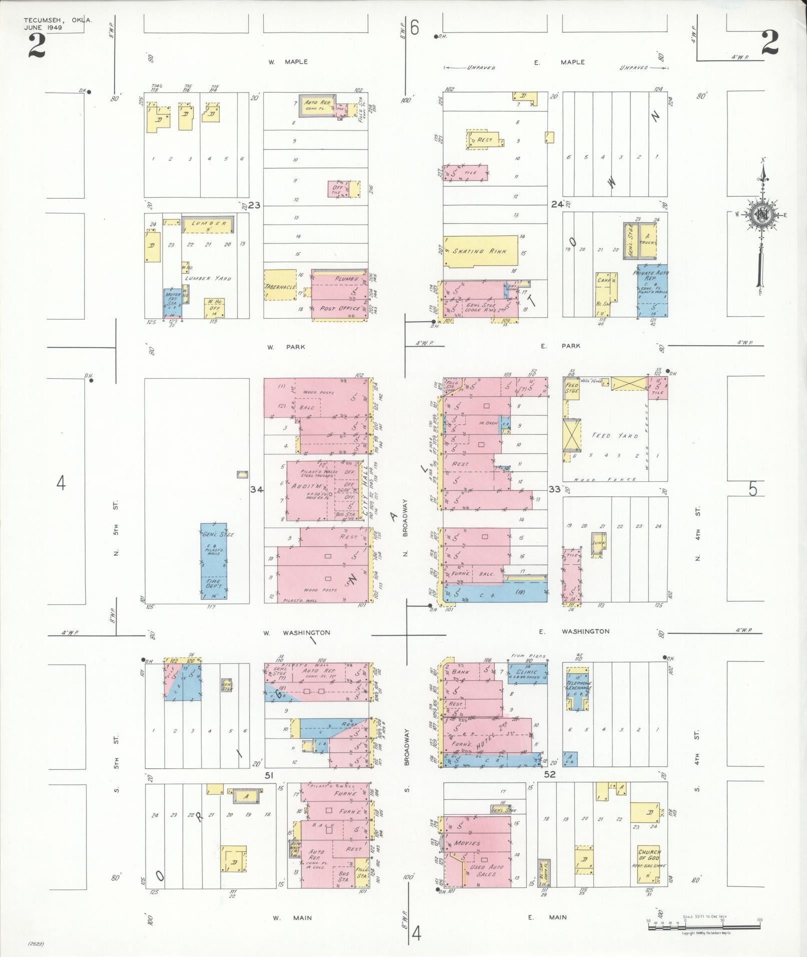 Sanborn Fire Insurance Map from Tecumseh, Pottawatomie County, Oklahoma (1949), Sheet #0002 - Historic Sanborn Fire Insurance Map Print, vintage old map wall art, antique decor, genealogy gift, Oklahoma Oklahoma map