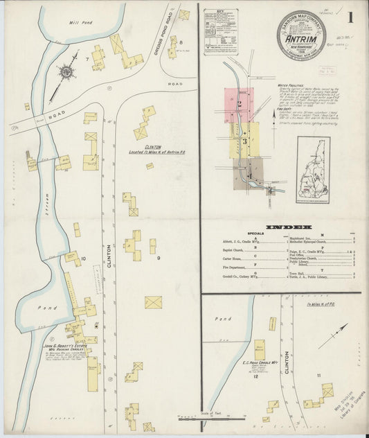 Sanborn Fire Insurance Map from Antrim, Hillsborough County, New Hampshire (1914), Sheet #0001 - Historic Sanborn Fire Insurance Map Print, vintage old map wall art, antique decor, genealogy gift, New Hampshire New Hampshire map