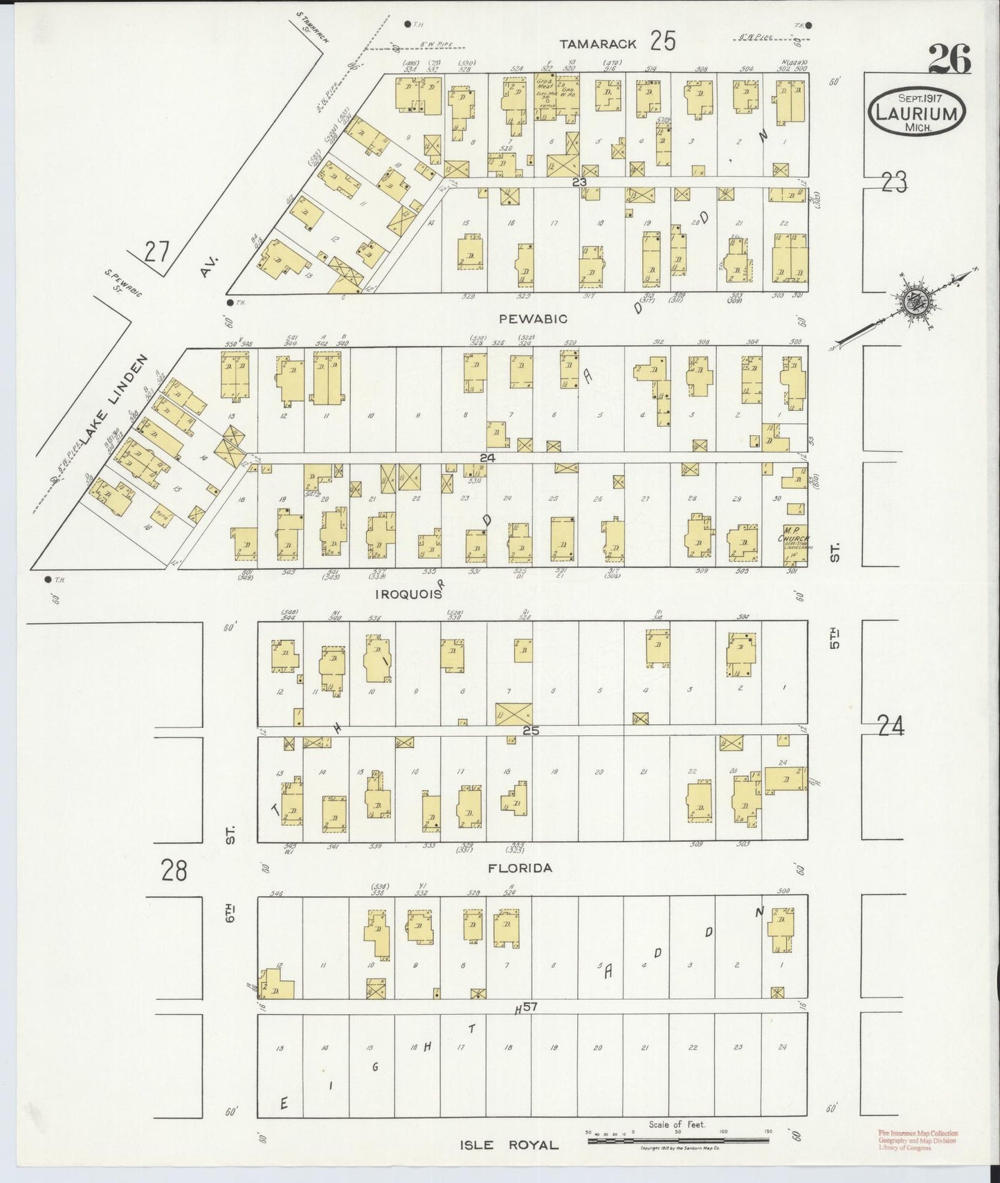 Sanborn Fire Insurance Map from Laurium, Houghton County, Michigan (1917), Sheet #0026 - Complete Map Set gallery image, historic Sanborn map, vintage wall art, Michigan Michigan