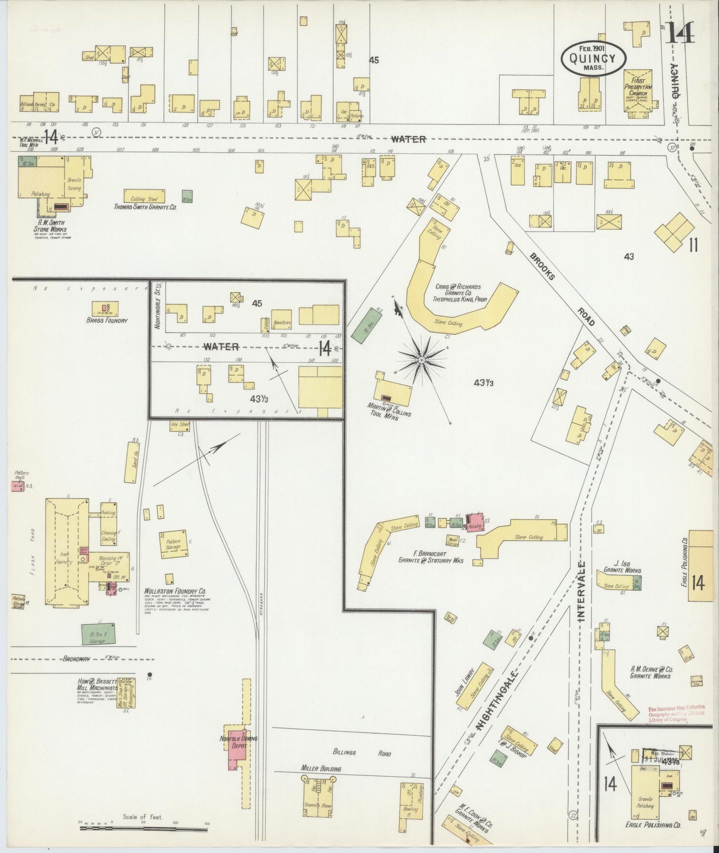 Sanborn Fire Insurance Map from Quincy, Norfolk County, Massachusetts (1901), Sheet #0014 - Historic Sanborn Fire Insurance Map Print, vintage old map wall art, antique decor, genealogy gift, Massachusetts Massachusetts map