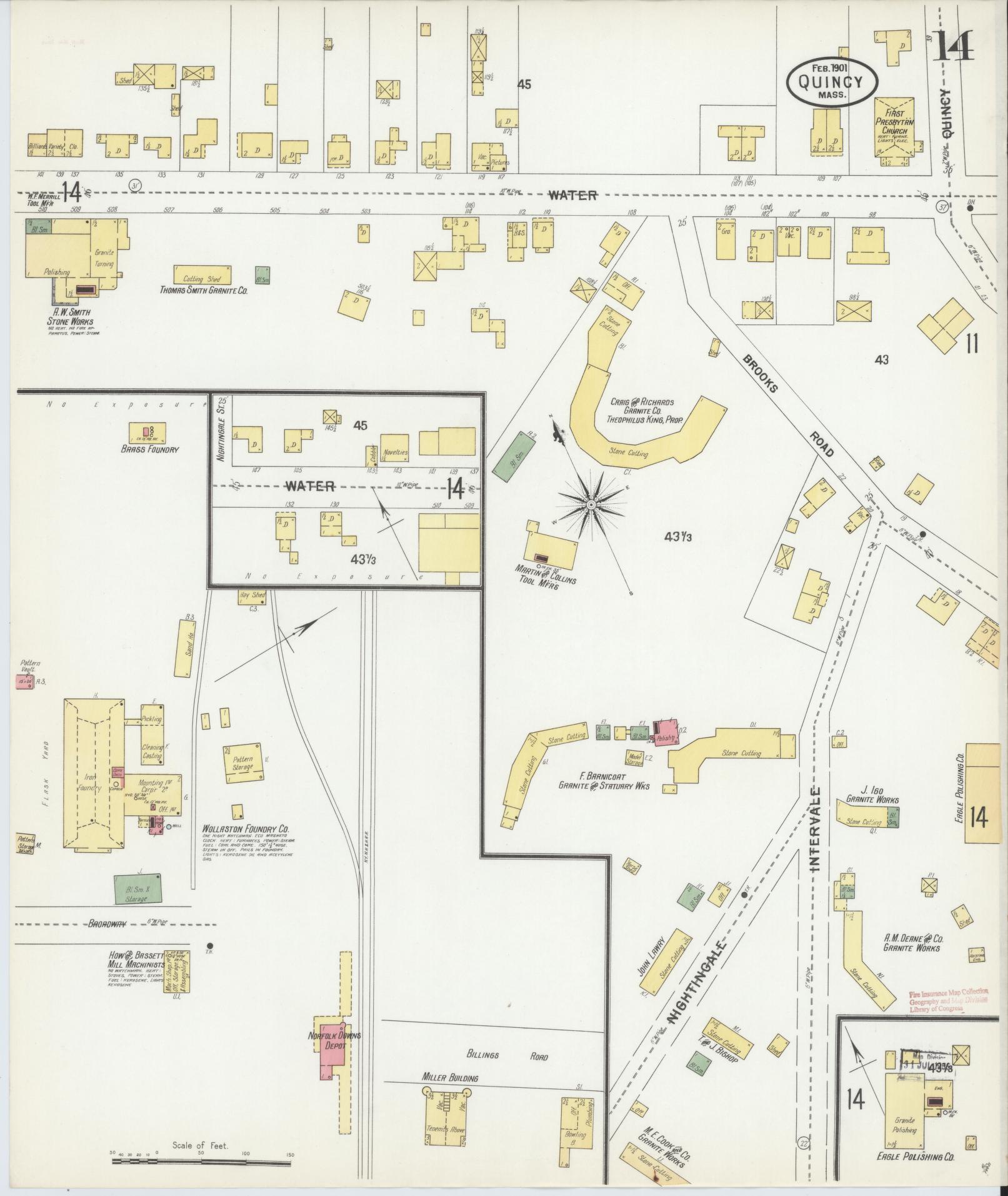 Sanborn Fire Insurance Map from Quincy, Norfolk County, Massachusetts (1901), Sheet #0014 - Historic Sanborn Fire Insurance Map Print, vintage old map wall art, antique decor, genealogy gift, Massachusetts Massachusetts map