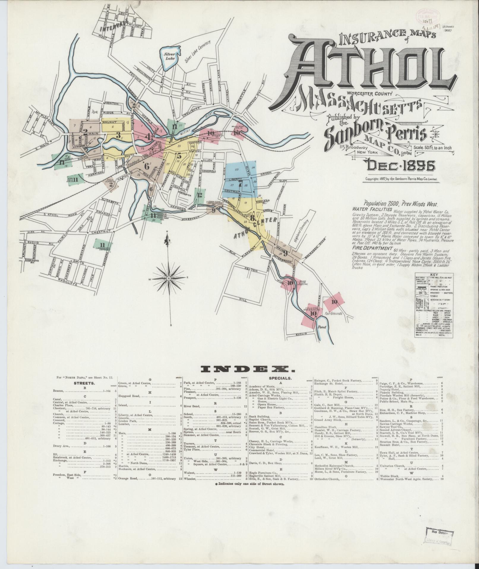 Sanborn Fire Insurance Map from Athol, Worcester County, Massachusetts. (1896) – Historic Sanborn Fire Insurance Map Print