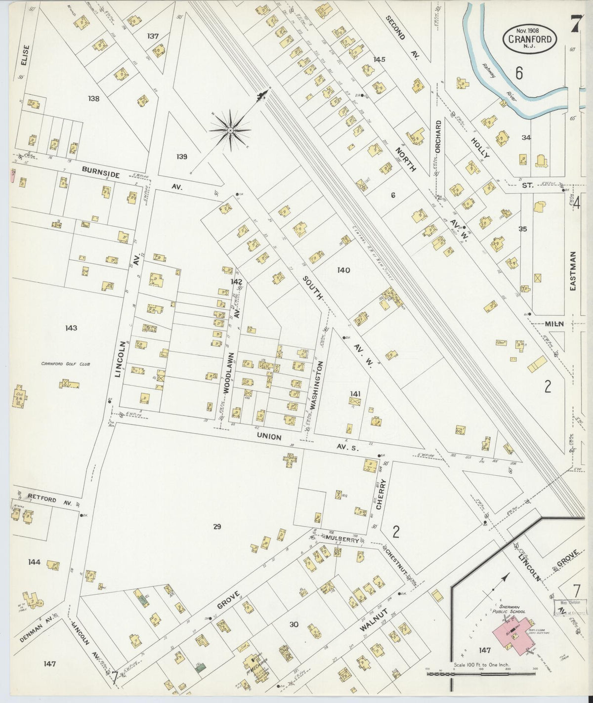 Sanborn Fire Insurance Map from Cranford, Union County, New Jersey (1908), Sheet #0007 - Complete Map Set gallery image, historic Sanborn map, vintage wall art, New Jersey New Jersey