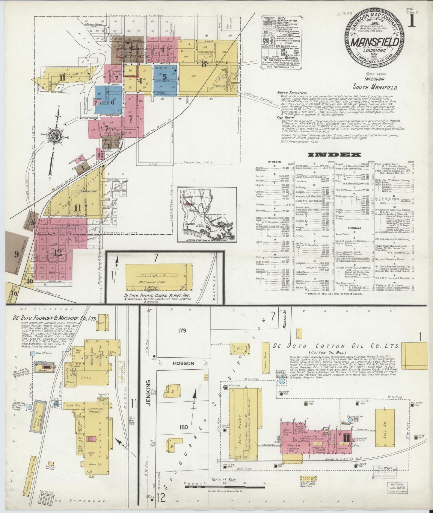 Sanborn Fire Insurance Map from Mansfield, De Soto Parish, Louisiana (1921), Sheet #0001 - Historic Sanborn Fire Insurance Map Print, vintage old map wall art, antique decor, genealogy gift, Louisiana Louisiana map